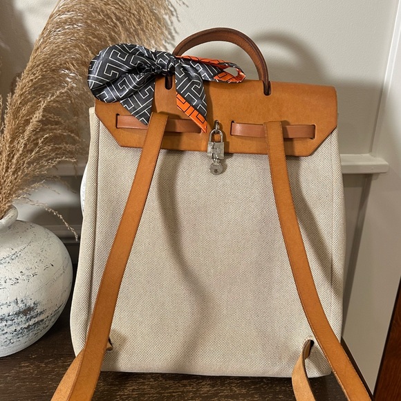 Hermes Herbag Backpack Toile Canvas and Orange Leather w/Silver Cadena Lock/Key main image 9